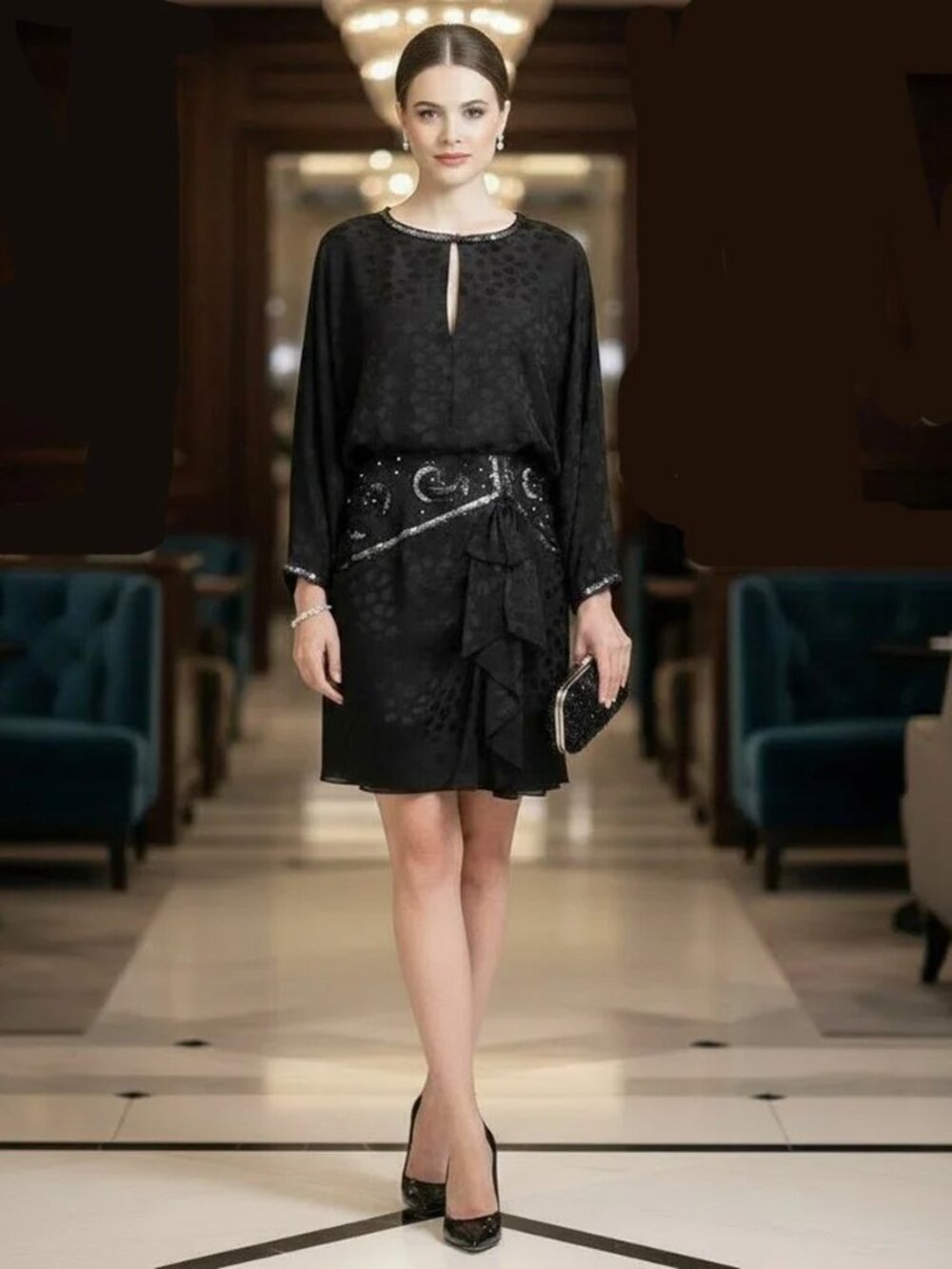 A.J. Bari Vintage 80s Black Silk Dress Beads Sequins